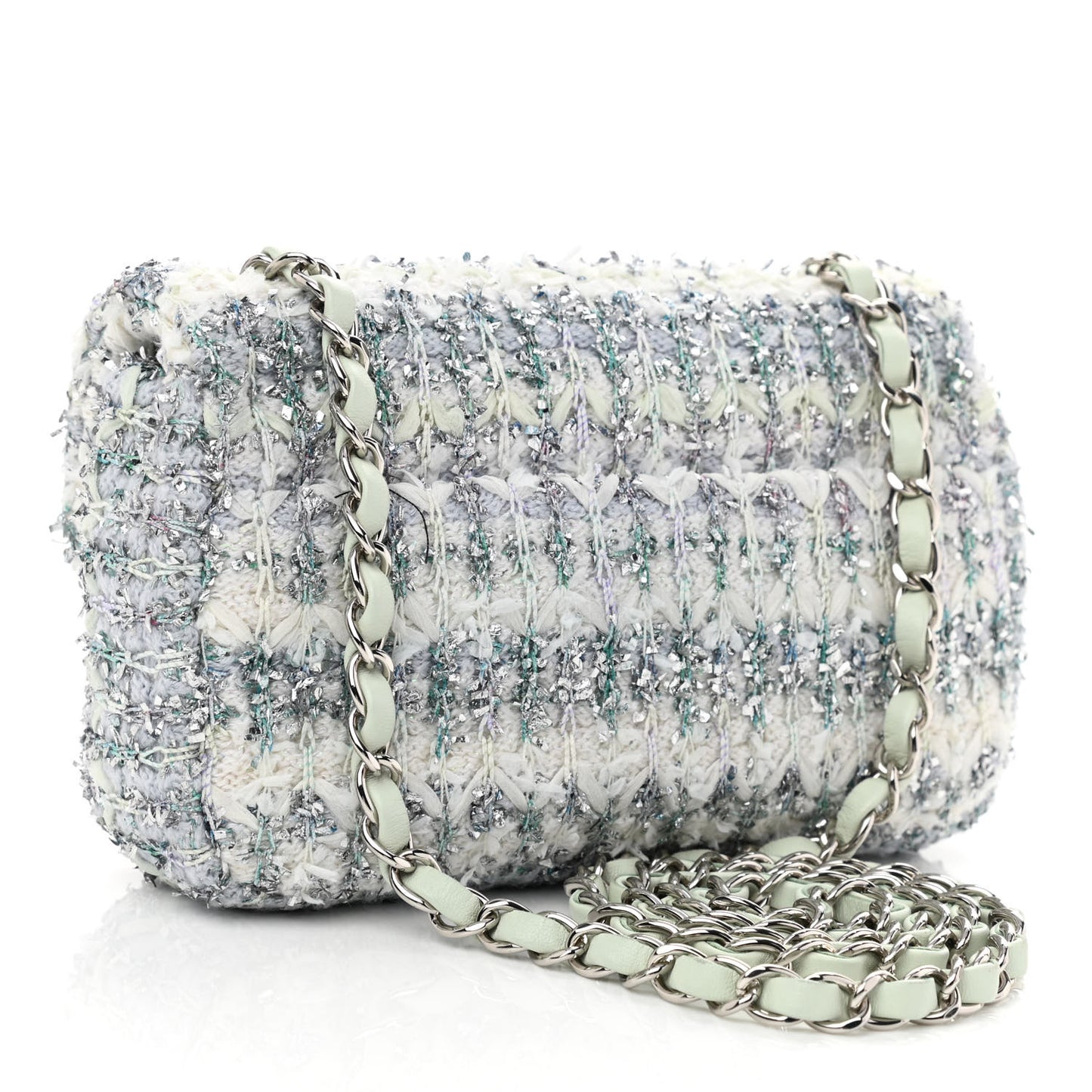 Tweed Quilted Mini Rectangular Flap Light Green Silver White