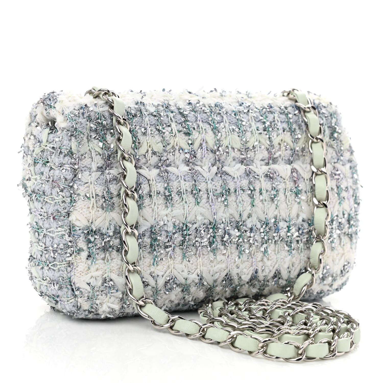 Chanel Tweed Quilted Mini Rectangular Flap Light Green Silver White 3 of 11