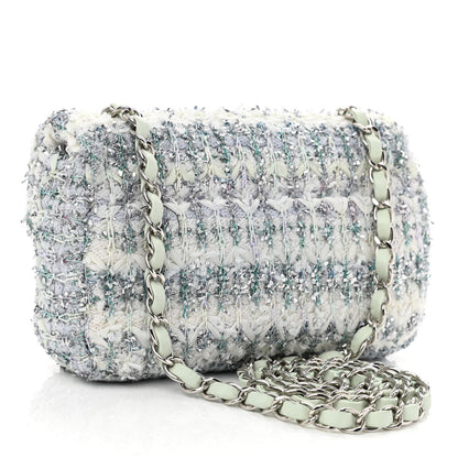 Chanel Tweed Quilted Mini Rectangular Flap Light Green Silver White 3 of 11