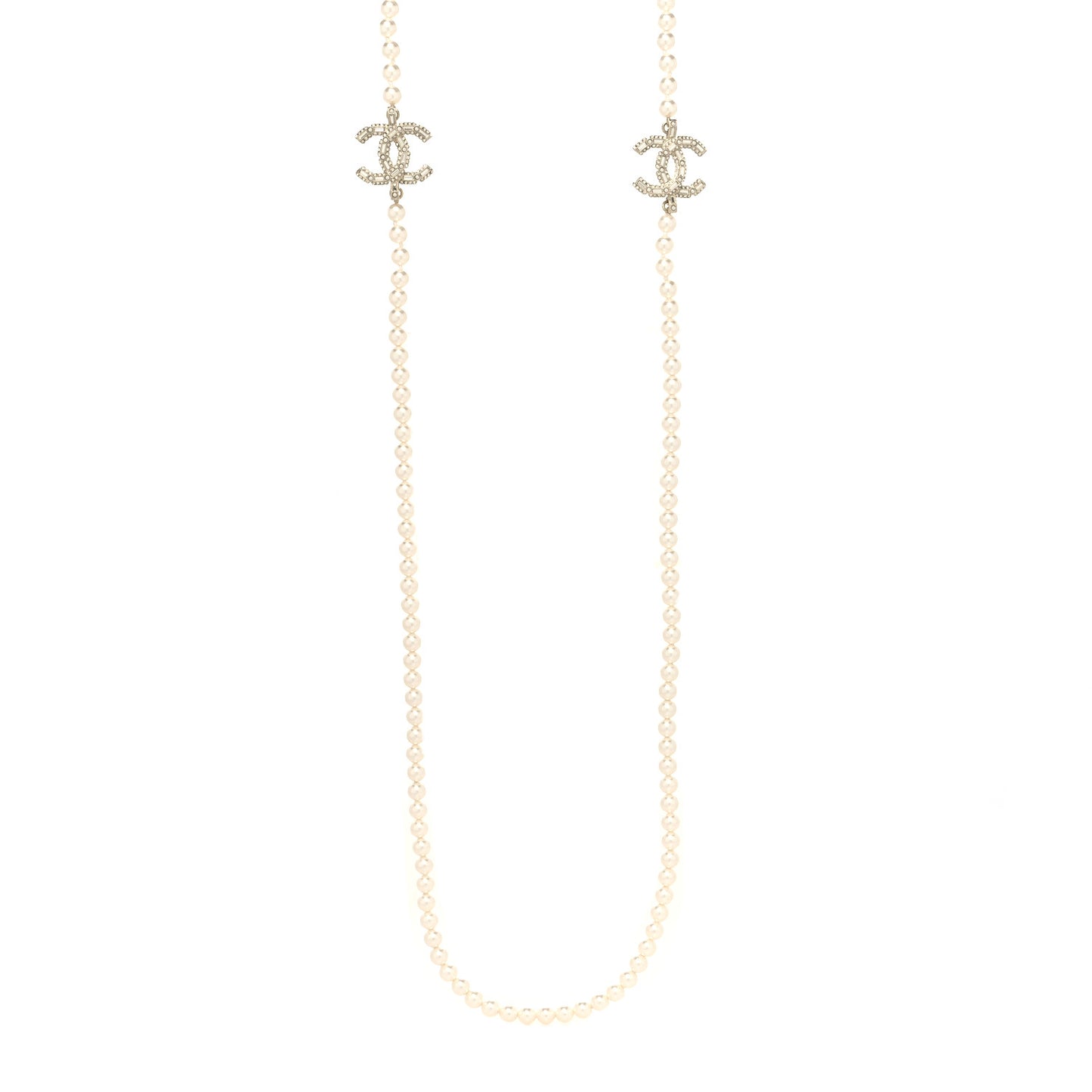 Pearl Baguette Crystal CC Long Necklace Gold