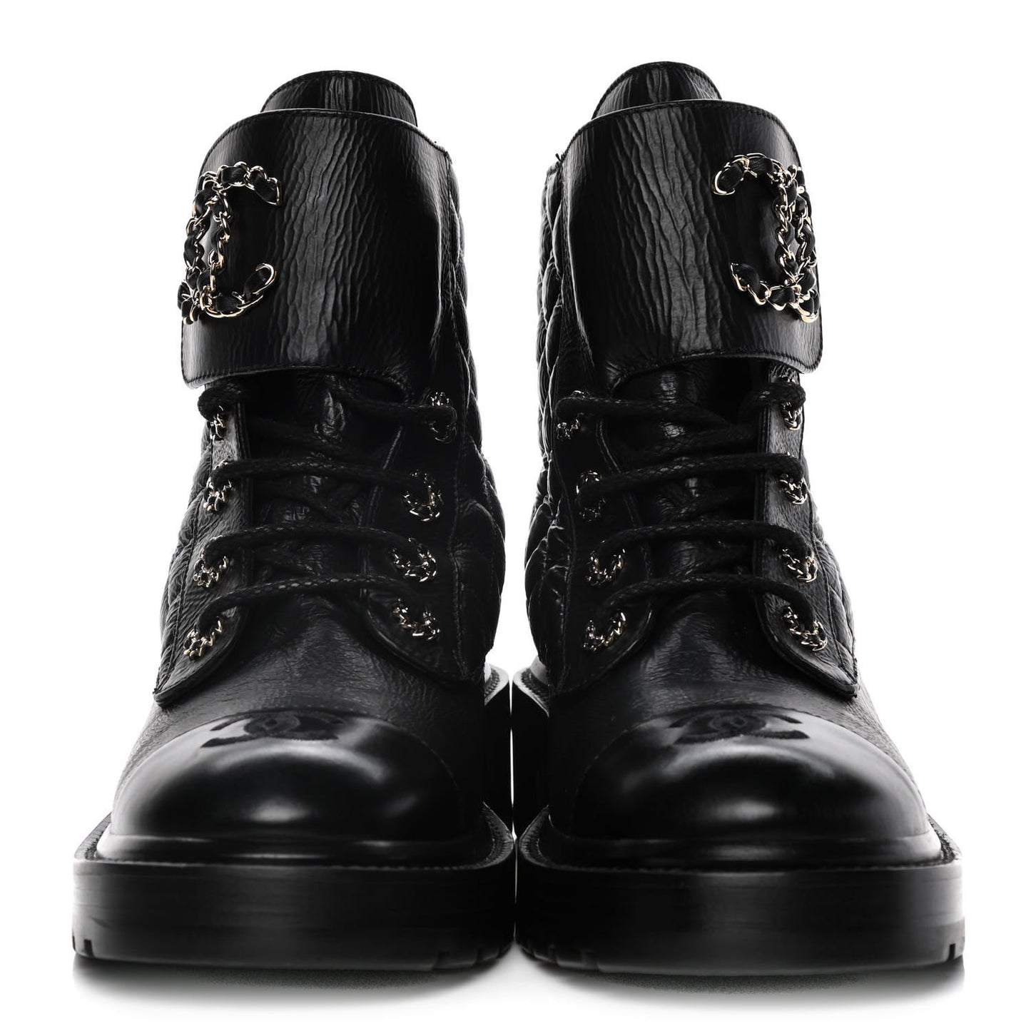 Shiny Goatskin Calfskin Quilted Lace Up Combat Boots 39 Black