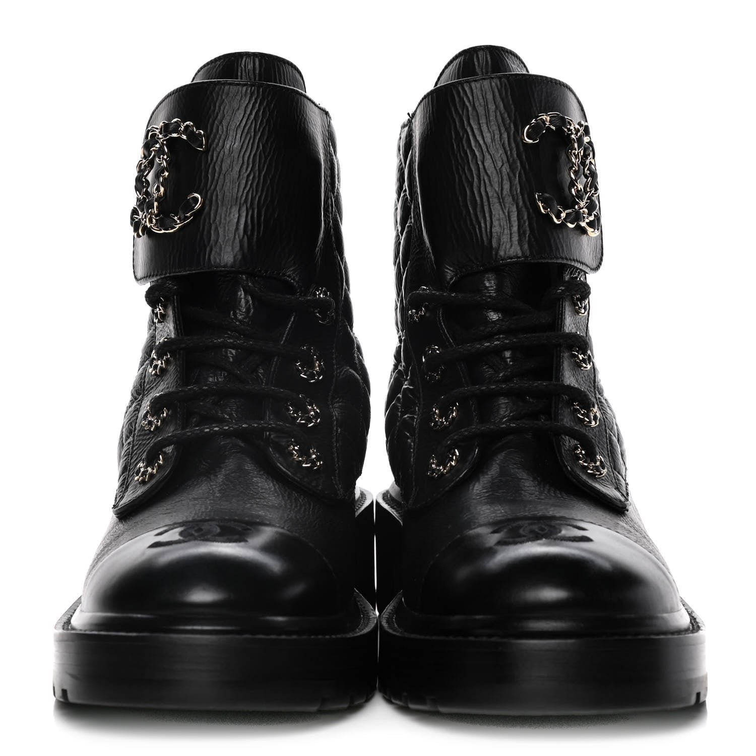 Chanel Shiny Goatskin Calfskin Quilted Lace Up Combat Boots 39 Black 2 of 7