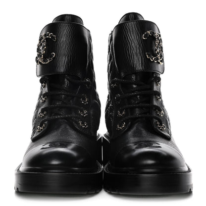 Chanel Shiny Goatskin Calfskin Quilted Lace Up Combat Boots 39 Black 2 of 7
