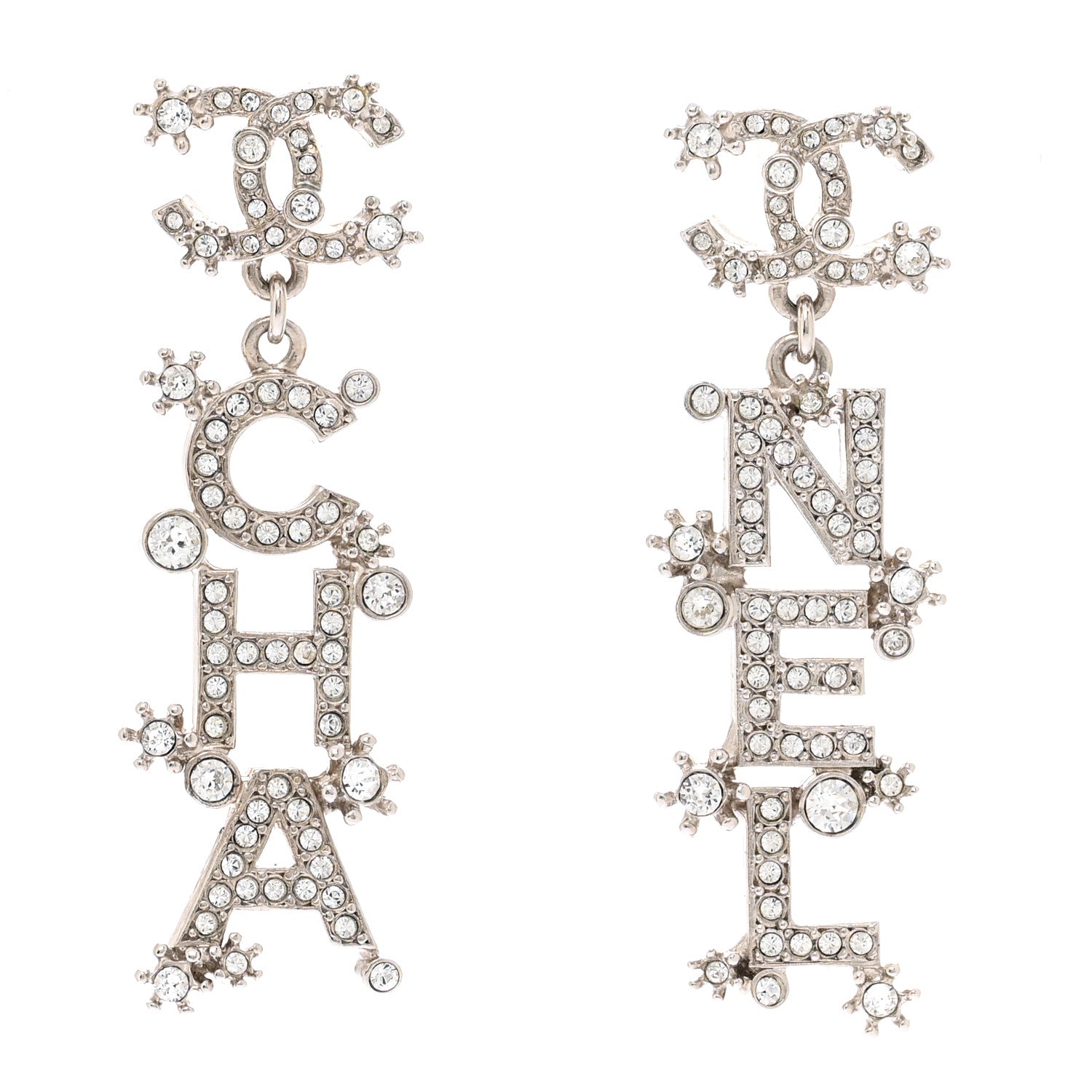 Chanel Crystal Cha-Nel Logo Drop Earrings Silver 1 of 5