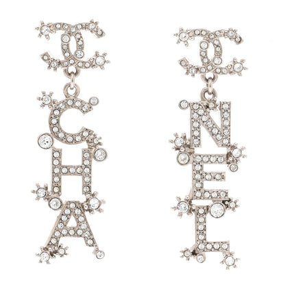 Chanel Crystal Cha-Nel Logo Drop Earrings Silver 1 of 5