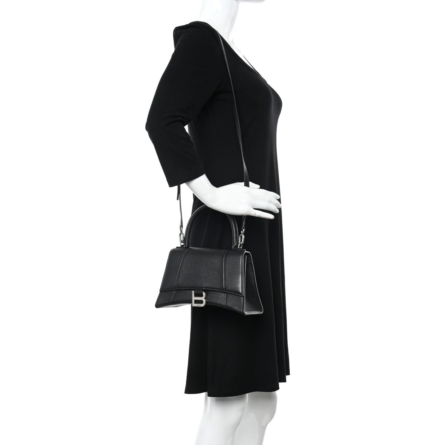 Grained Calfskin Small Hourglass Top Handle Bag Black