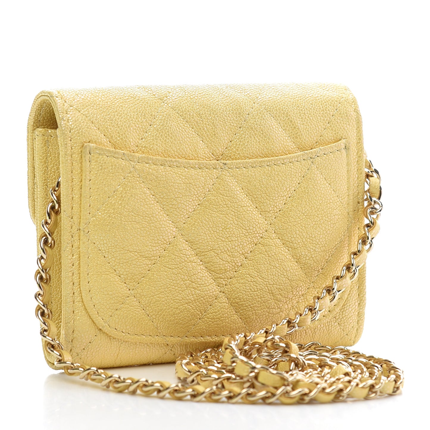 Iridescent Caviar Quilted Flap Card Holder On Chain Yellow