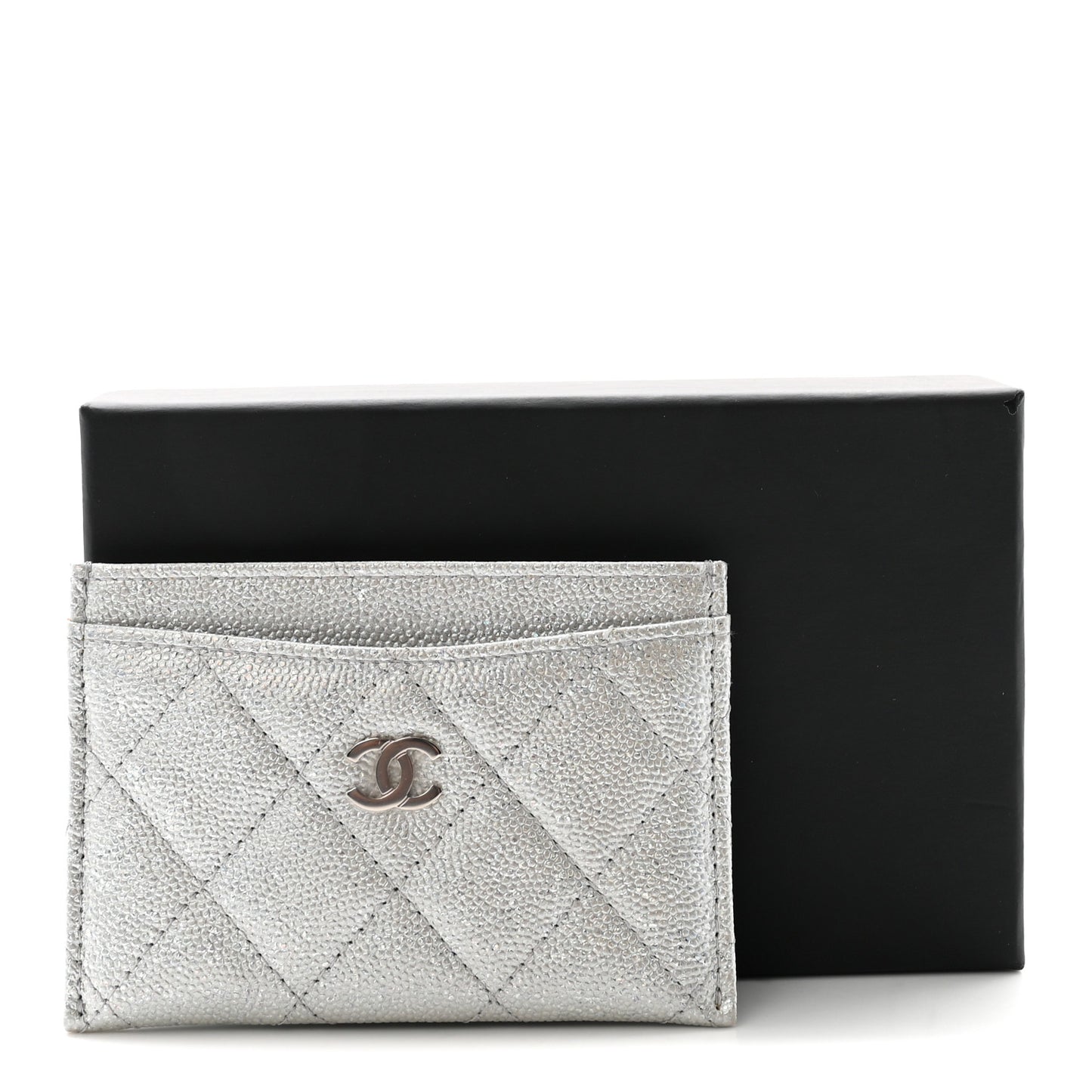 Glittered Metallic Caviar Quilted Card Holder Silver