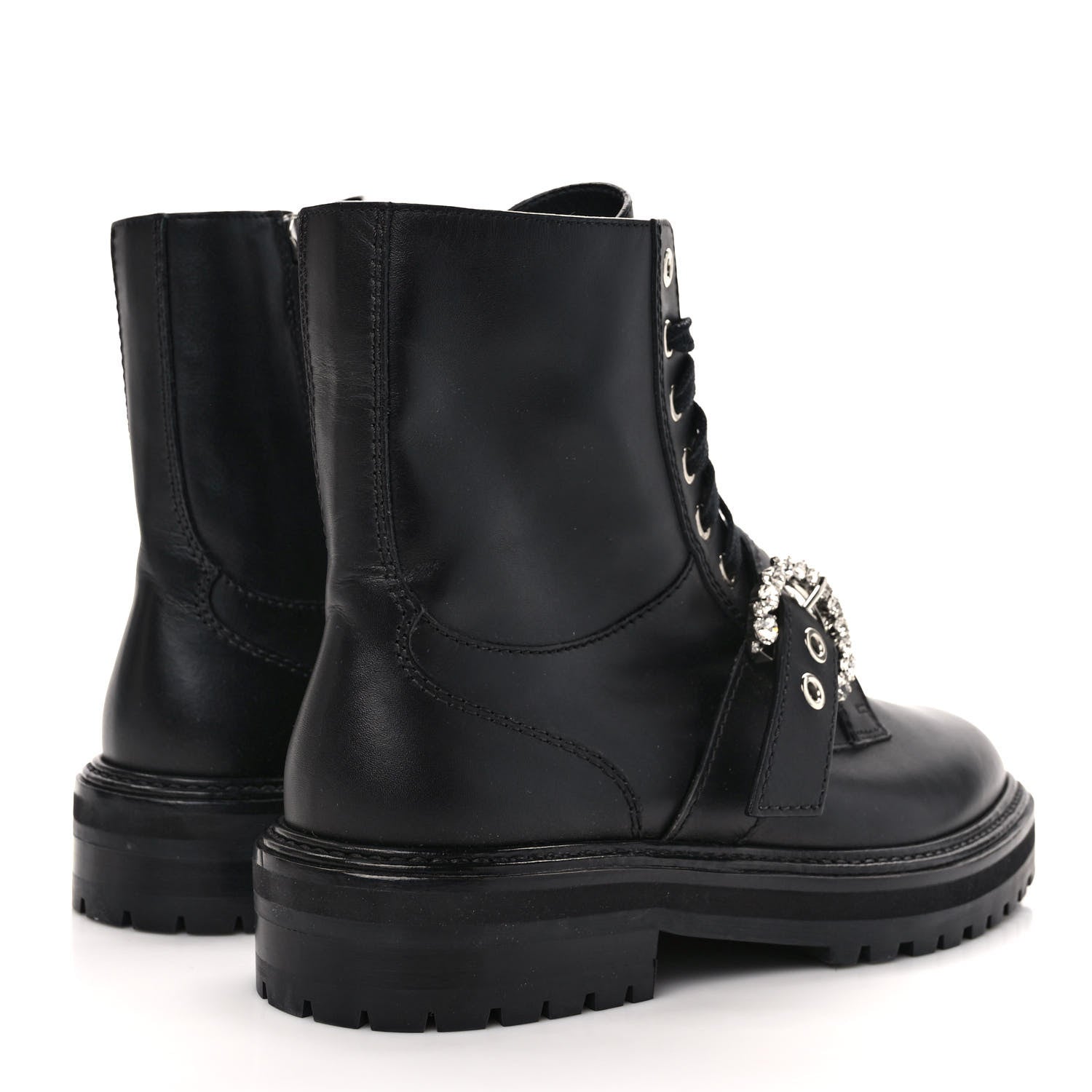 Jimmy Choo Calfskin Crystal Embellished Cora Flat Combat Boots 40 Black 4 of 7