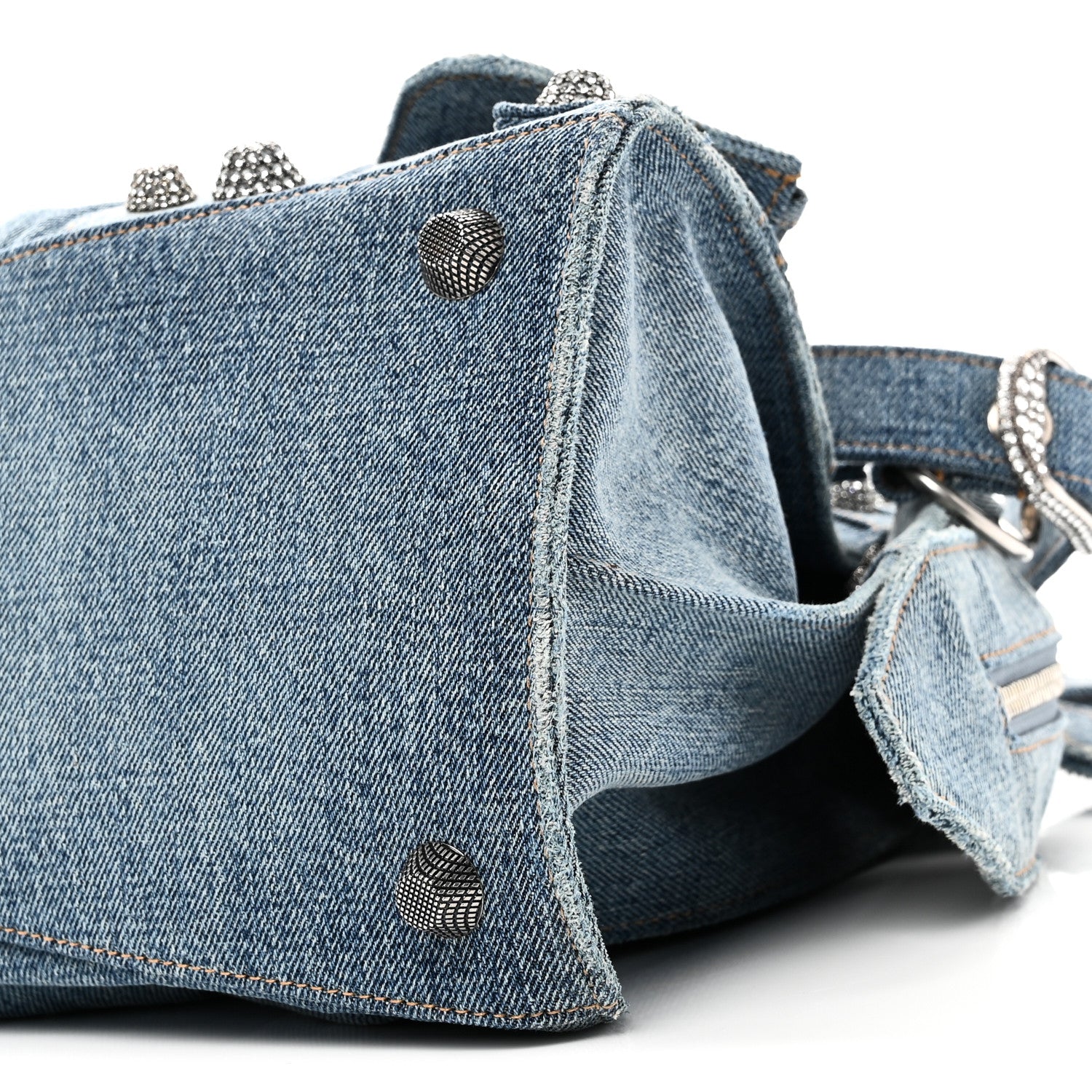 Balenciaga Washed Frayed Denim Crystal Neo Cagole City Handbag