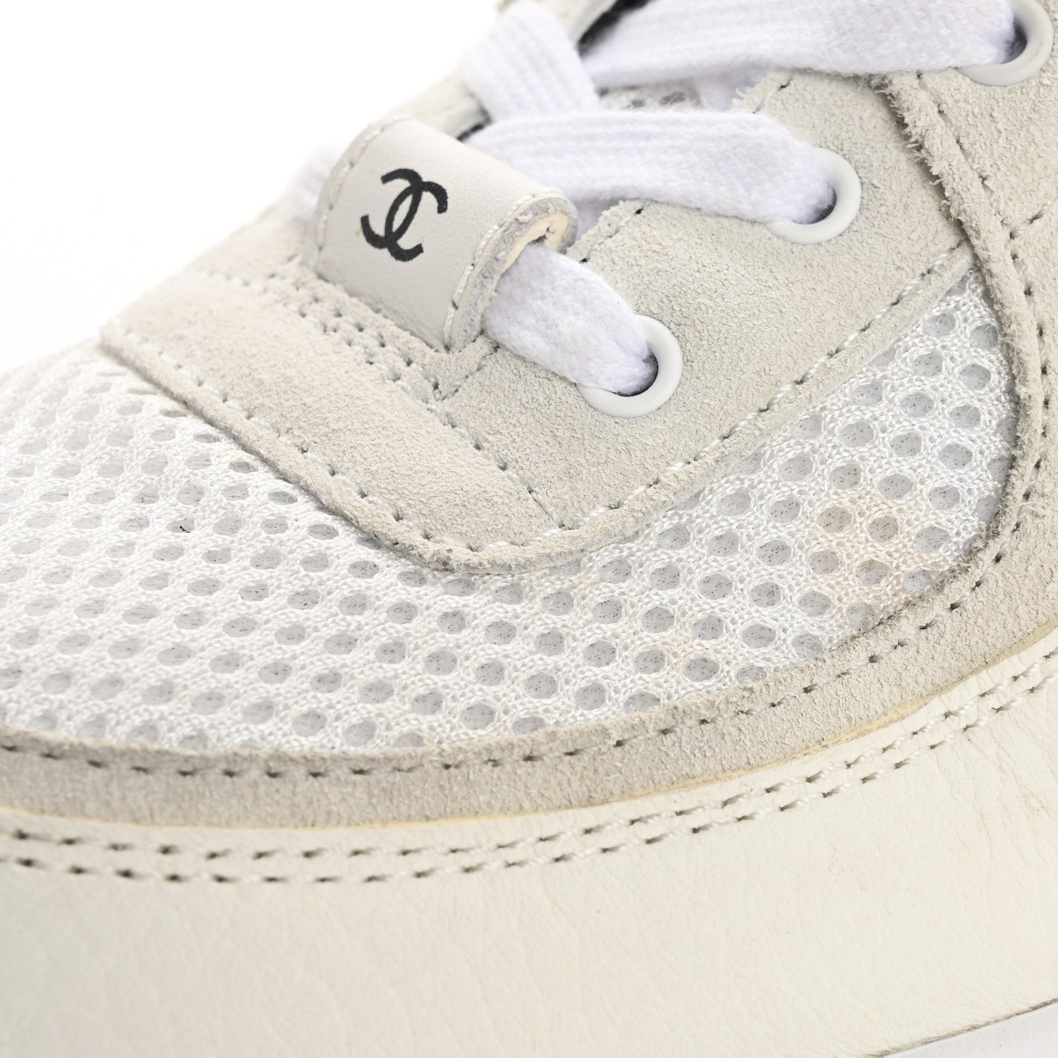 Chanel Mesh Suede Calfskin Grained Calfskin Womens CC Sneakers 38 White Black 13 of 14