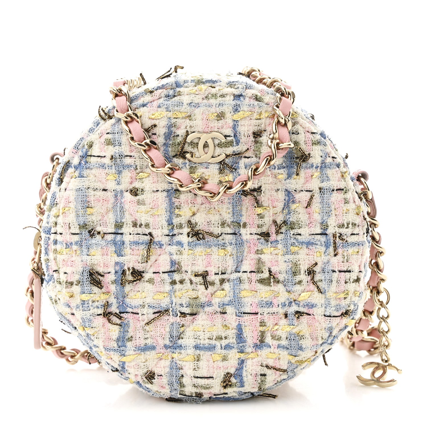 Chanel Tweed Quilted Round Clutch With Chain White Pink Multicolor 1 of 10