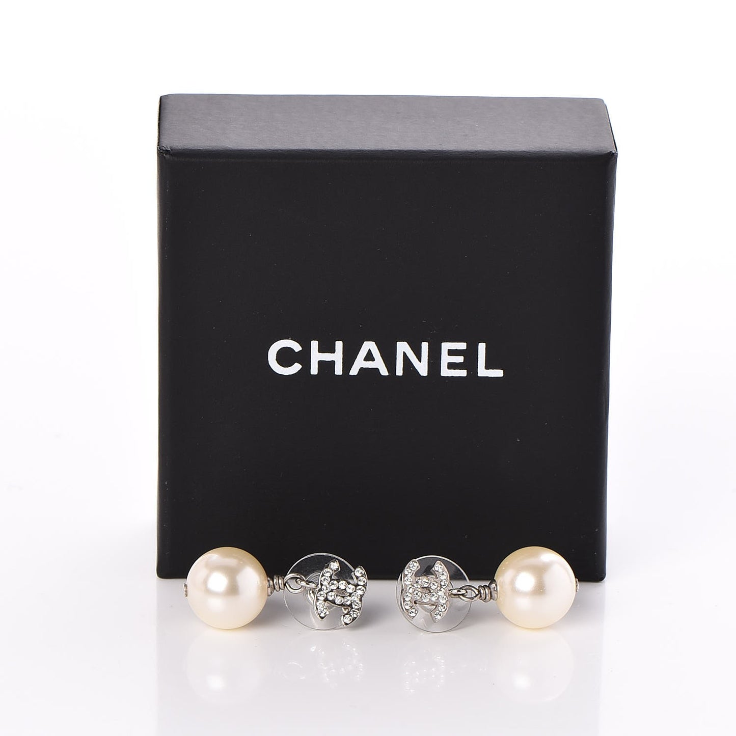 Crystal Pearl CC Drop Earrings Silver