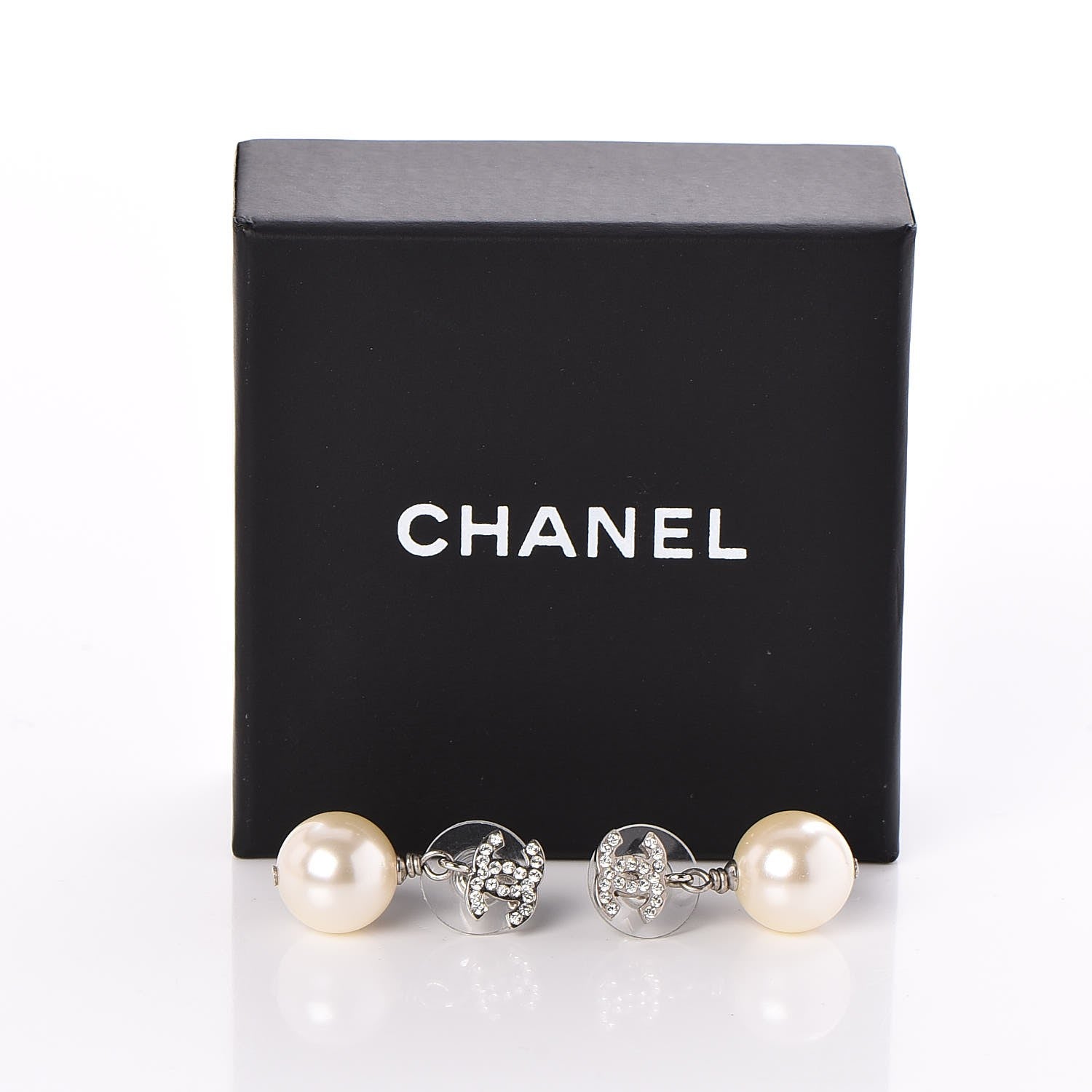 Chanel Crystal Pearl CC Drop Earrings Silver 5 of 5