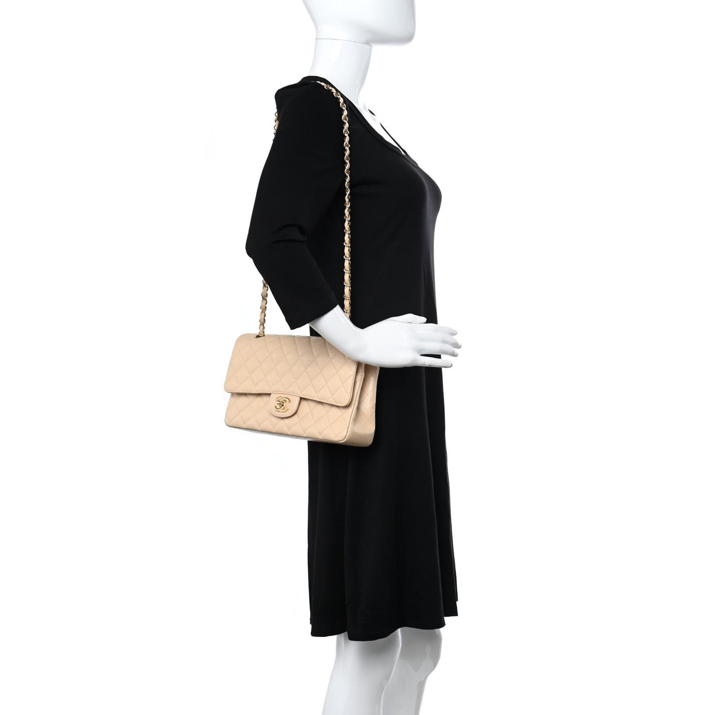 Caviar Quilted Medium Double Flap Light Beige