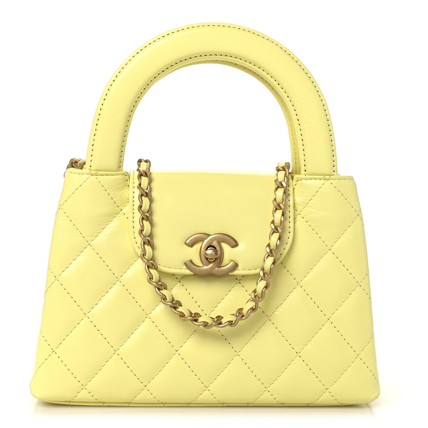 Shiny Aged Calfskin Quilted Nano Kelly Shopper Light Yellow