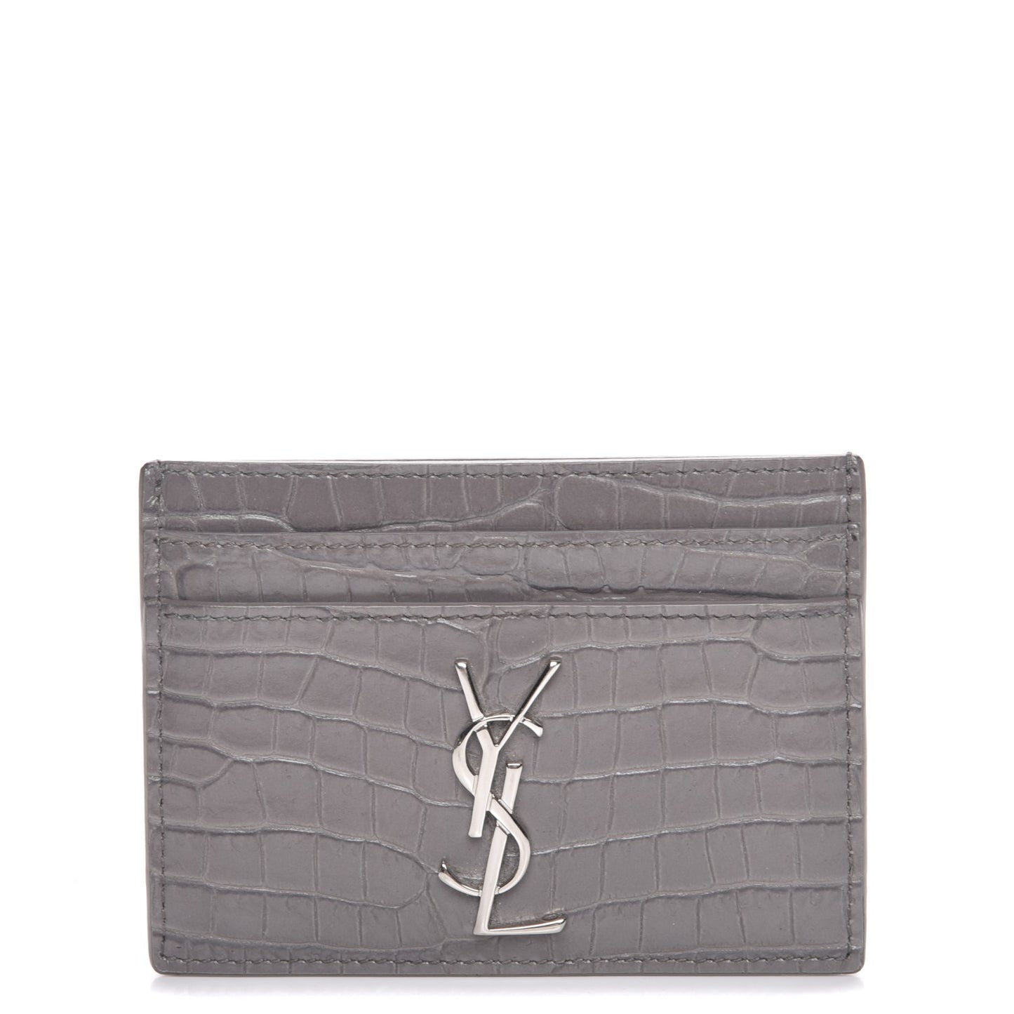 Calfskin Crocodile Embossed Monogram Card Case Fog