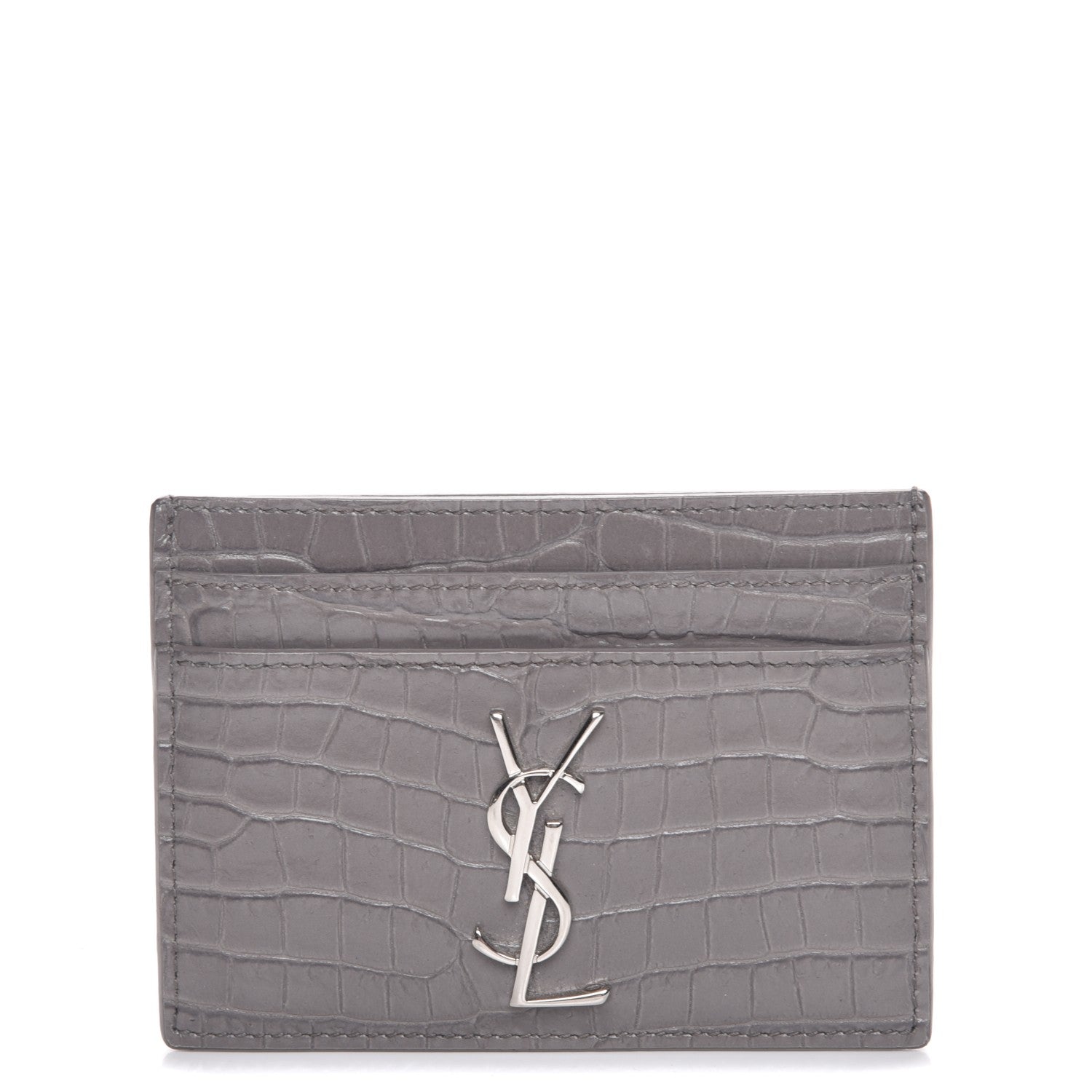 Saint Laurent Calfskin Crocodile Embossed Monogram Card Case Fog 1 of 8