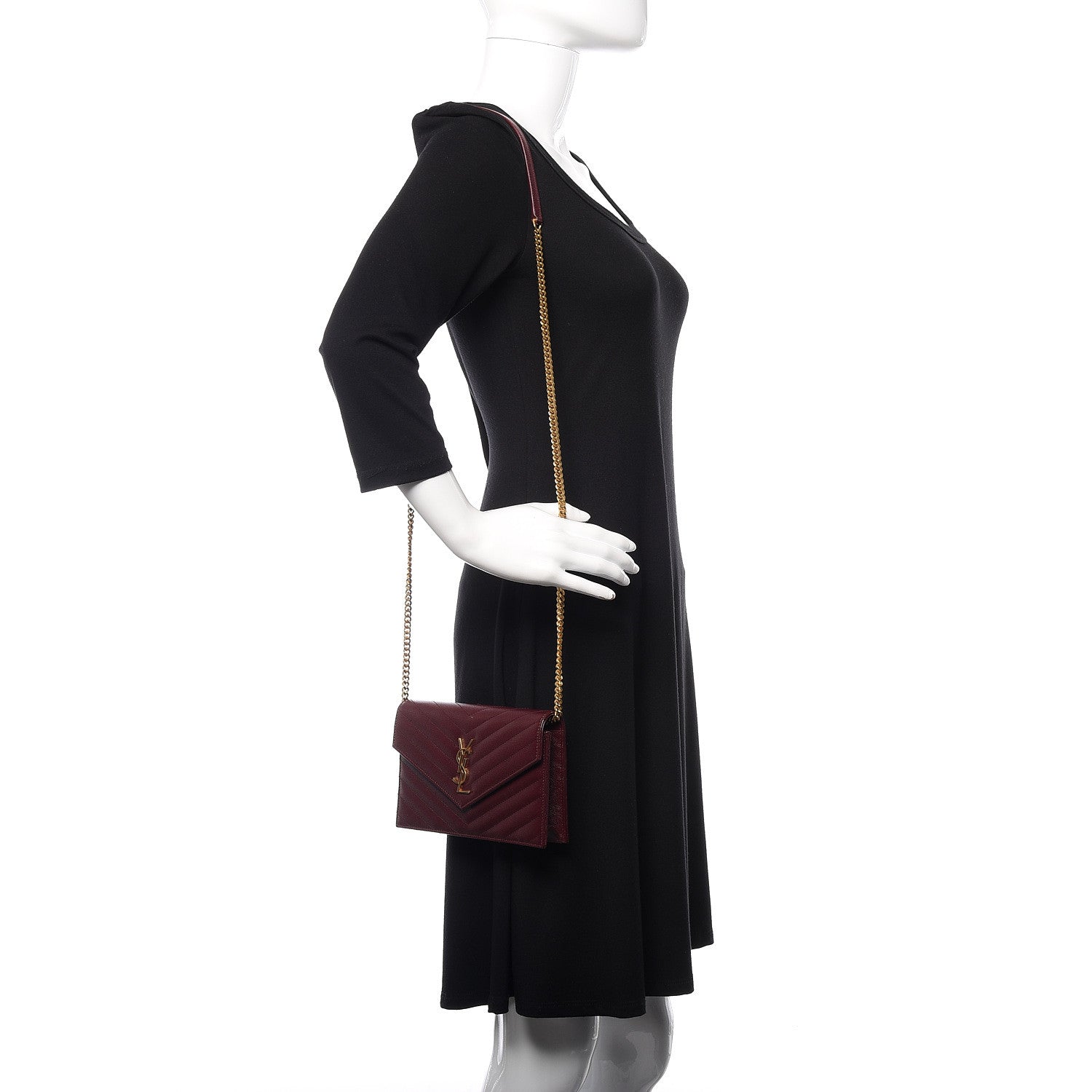 Saint Laurent Grain De Poudre Matelasse Chevron Monogram Envelope Chain Wallet Rouge Legion 2 of 9