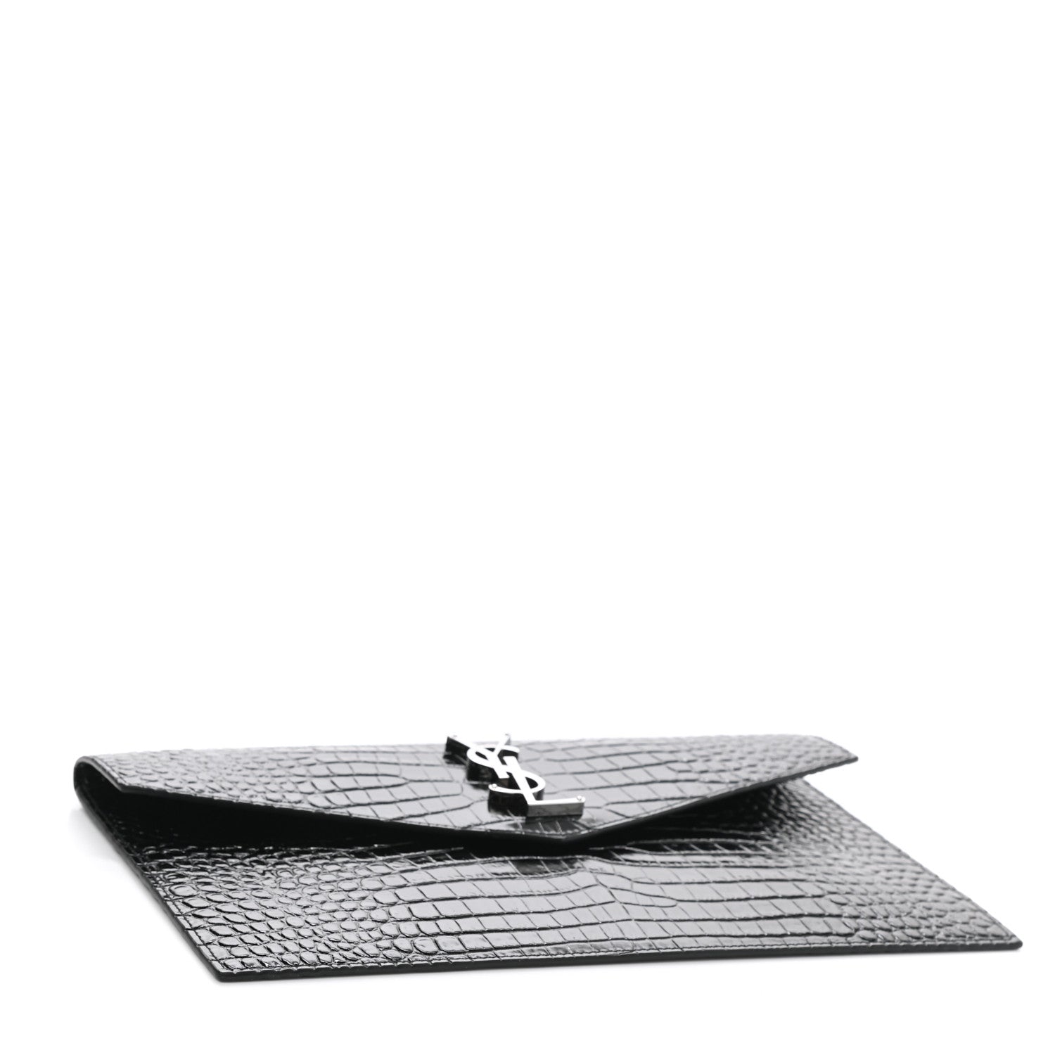 Saint Laurent Calfskin Crocodile Embossed Uptown Monogram Clutch Black 4 of 6