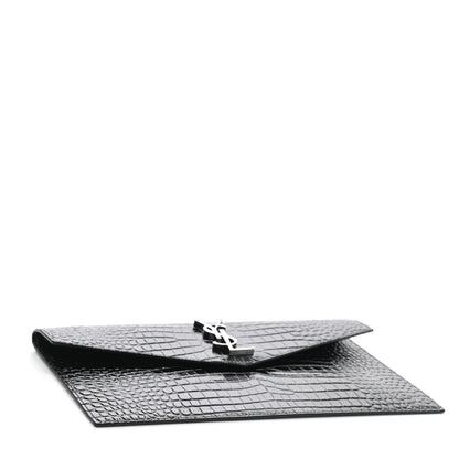 Saint Laurent Calfskin Crocodile Embossed Uptown Monogram Clutch Black 4 of 6