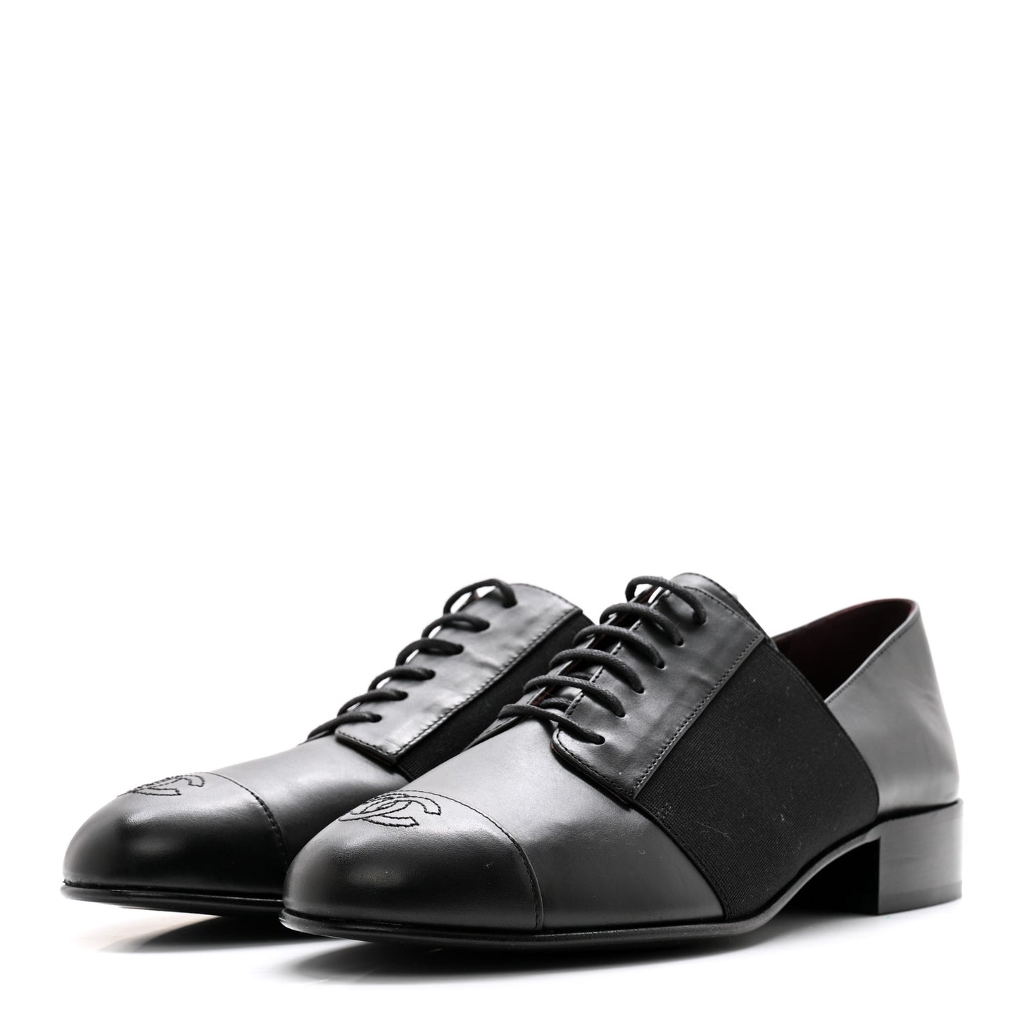 Calfskin Elastic Lace Up Cap Toe CC Loafers 38 Black