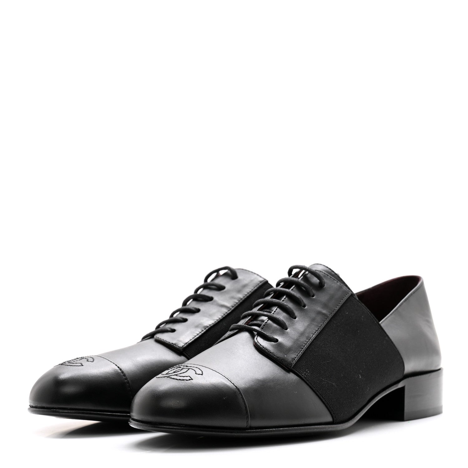Chanel Calfskin Elastic Lace Up Cap Toe CC Loafers 38 Black 3 of 11