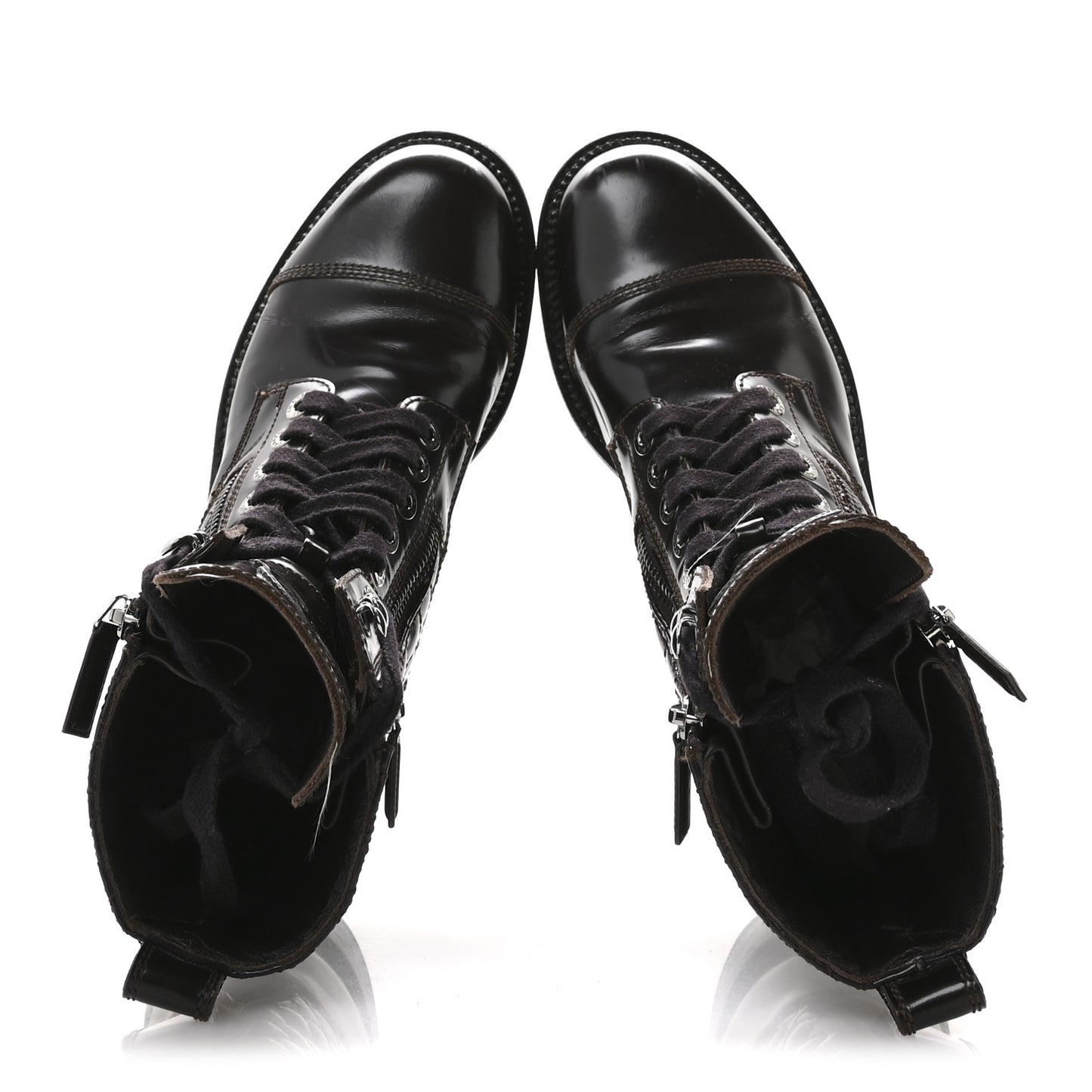 Shiny Calfskin Quilted CC Lace Up Combat Boots 37.5 Dark Burgundy