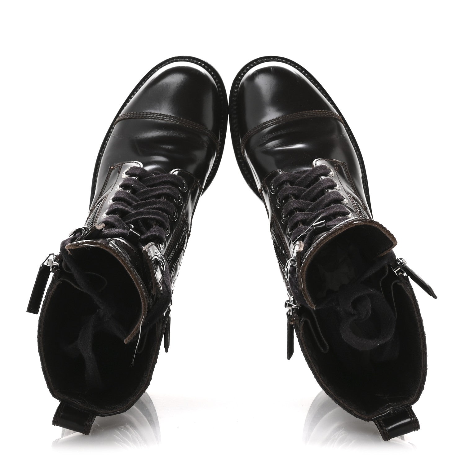 Chanel Shiny Calfskin Quilted CC Lace Up Combat Boots 37.5 Dark Burgundy 2 of 9