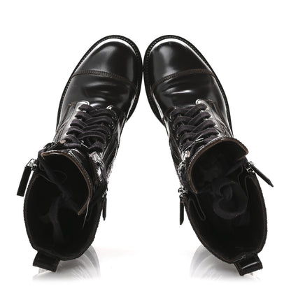 Chanel Shiny Calfskin Quilted CC Lace Up Combat Boots 37.5 Dark Burgundy 2 of 9
