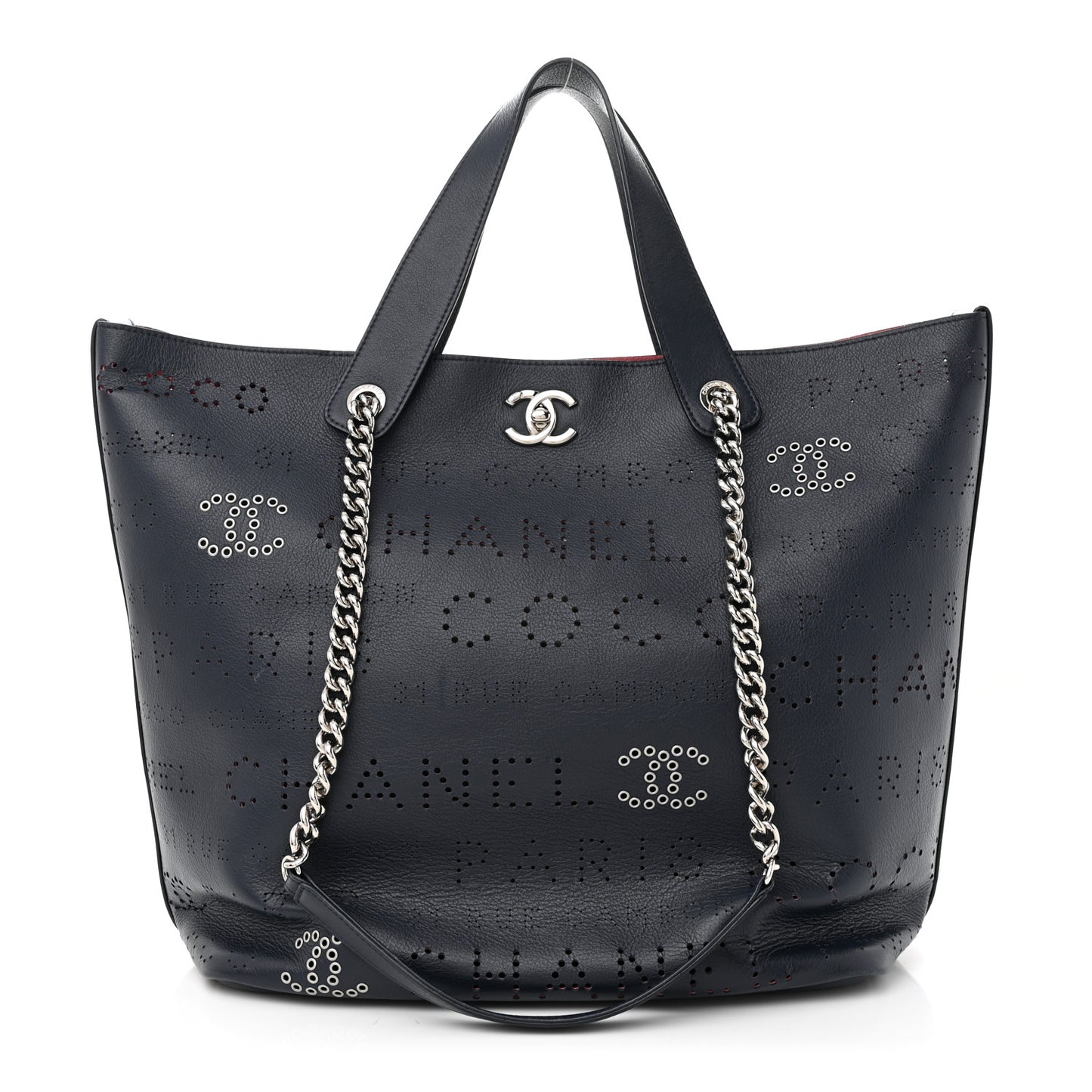 Calfskin Tweed Small Logo Eyelets Shopping Tote Navy Blue