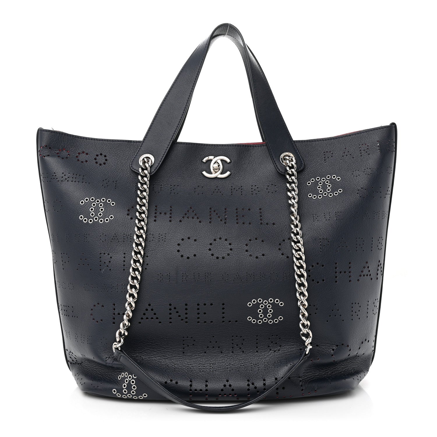 Chanel Calfskin Tweed Small Logo Eyelets Shopping Tote Navy Blue 2 of 8