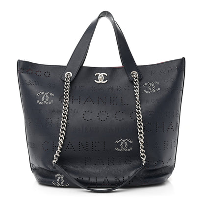 Chanel Calfskin Tweed Small Logo Eyelets Shopping Tote Navy Blue 2 of 8