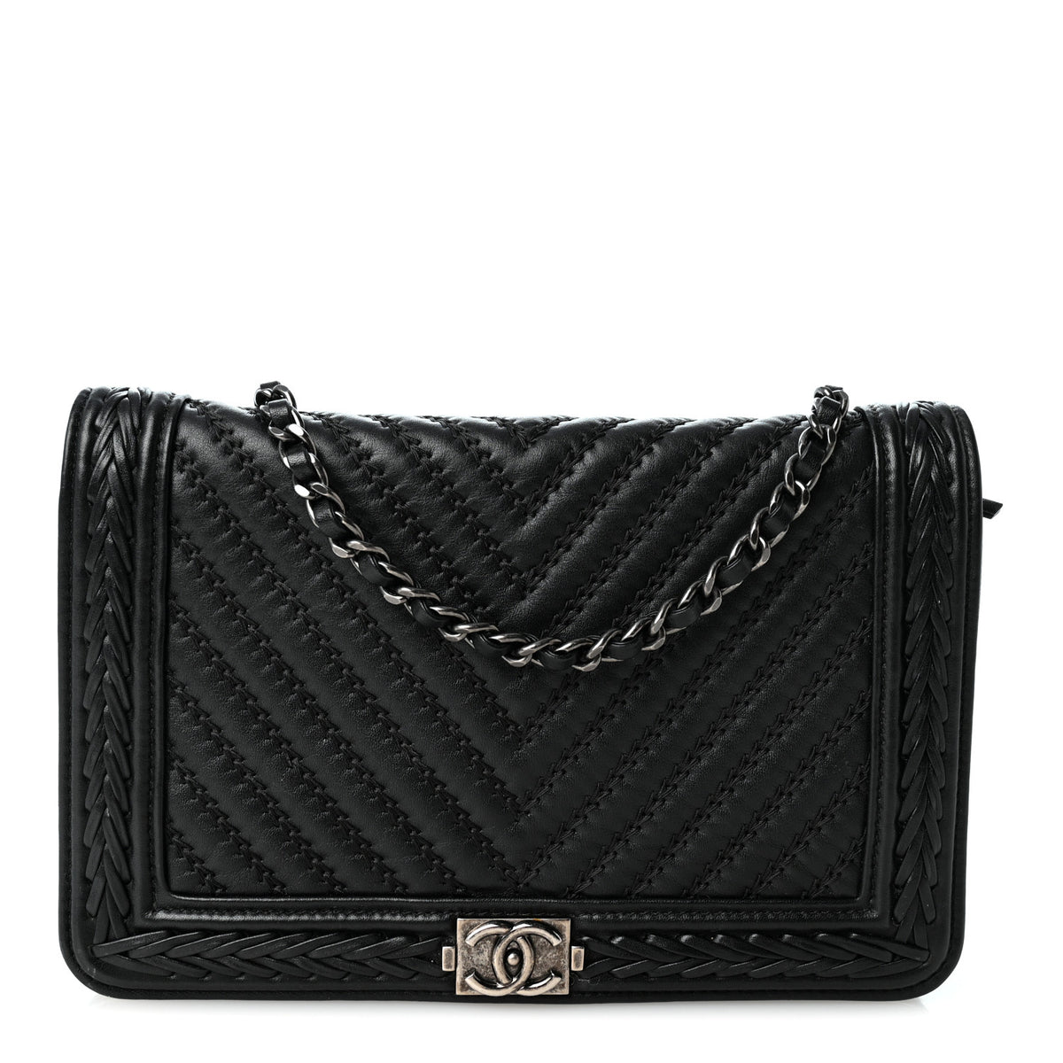 Calfskin Chevron Quilted Braided Boy Wallet On Chain WOC Black