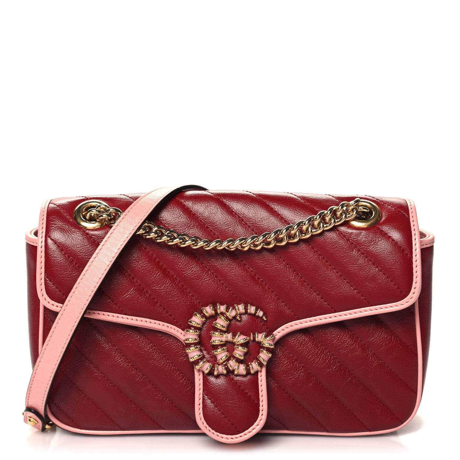 Gucci Azalea Calfskin Enamel Matelasse Diagonal Small Torchon GG Marmont Shoulder Bag New Cherry Red Wild Rose 1 of 10