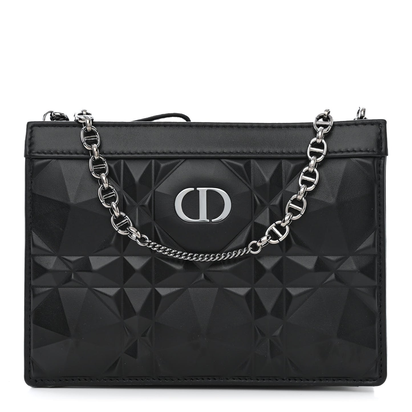 Calfskin Macrocannage Diamond Caro Zipped Pouch With Chain Black