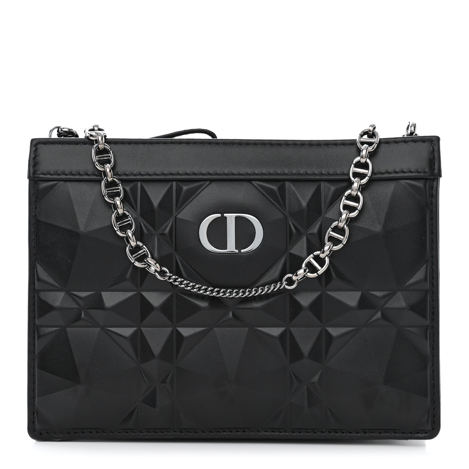 Christian Dior Calfskin Macrocannage Diamond Caro Zipped Pouch With Chain Black 1 of 13
