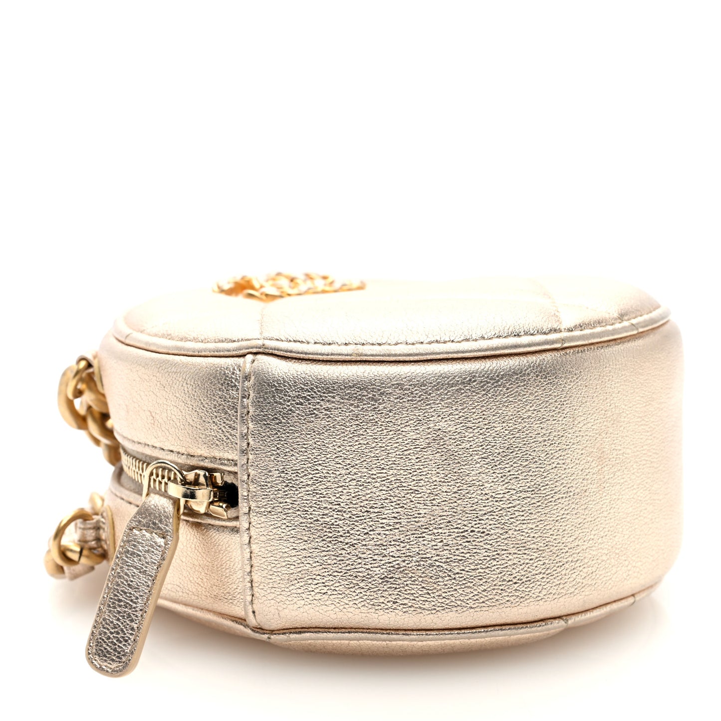 Metallic Lambskin Quilted Chanel 19 Round Clutch With Chain Gold