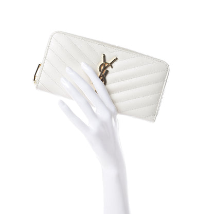 Saint Laurent Grain De Poudre Matelasse Chevron Monogram Zip Around Wallet Porcellana 2 of 10