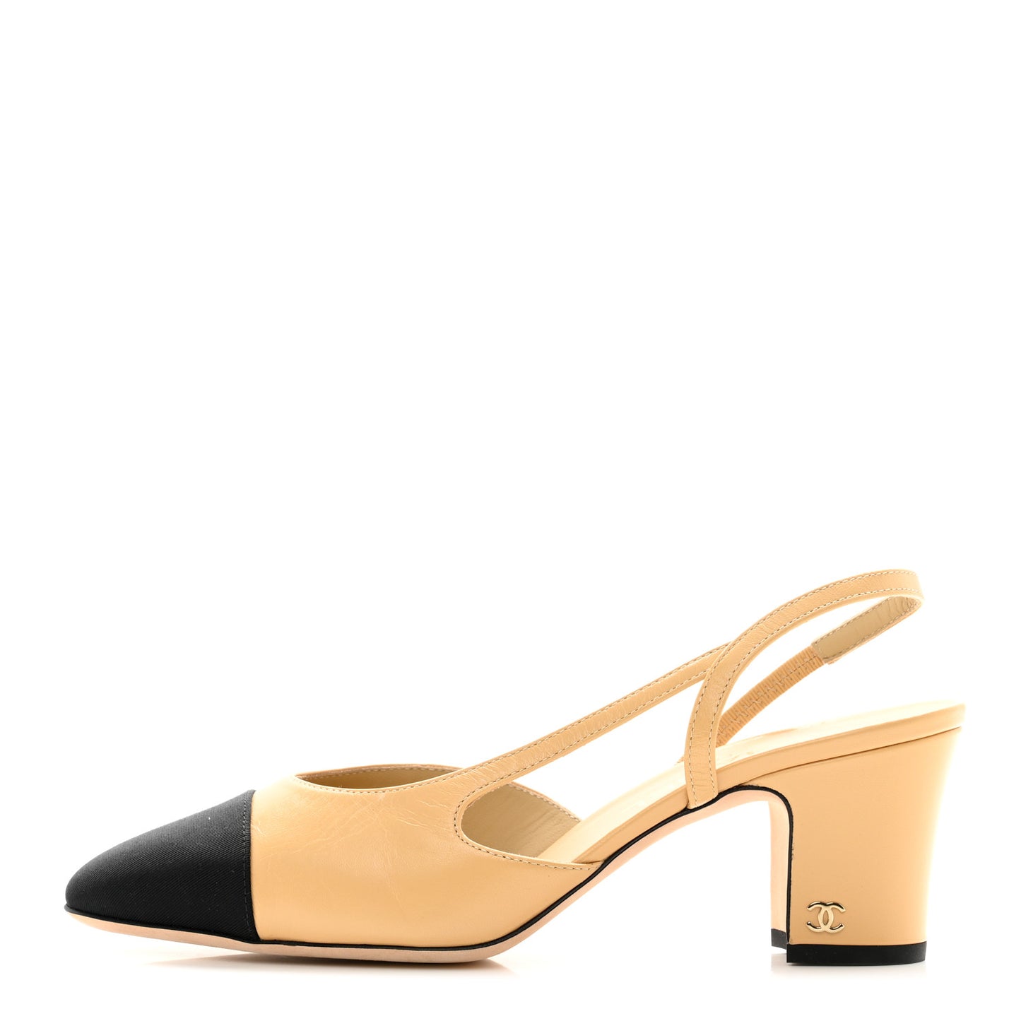Goatskin Grosgrain Cap Toe CC Slingback Pumps 38 Beige Black