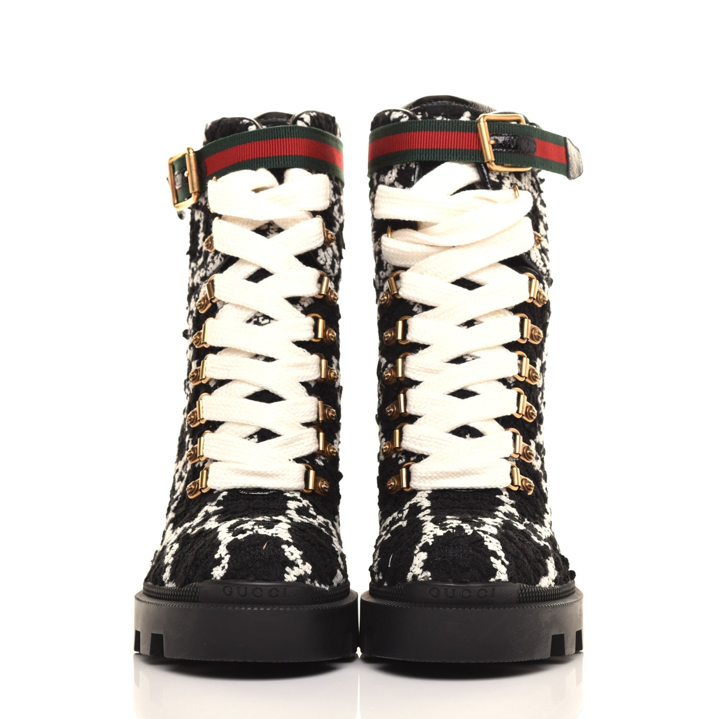Tweed GG Monogram Lace Up Combat Ankle Boots 36 Black
