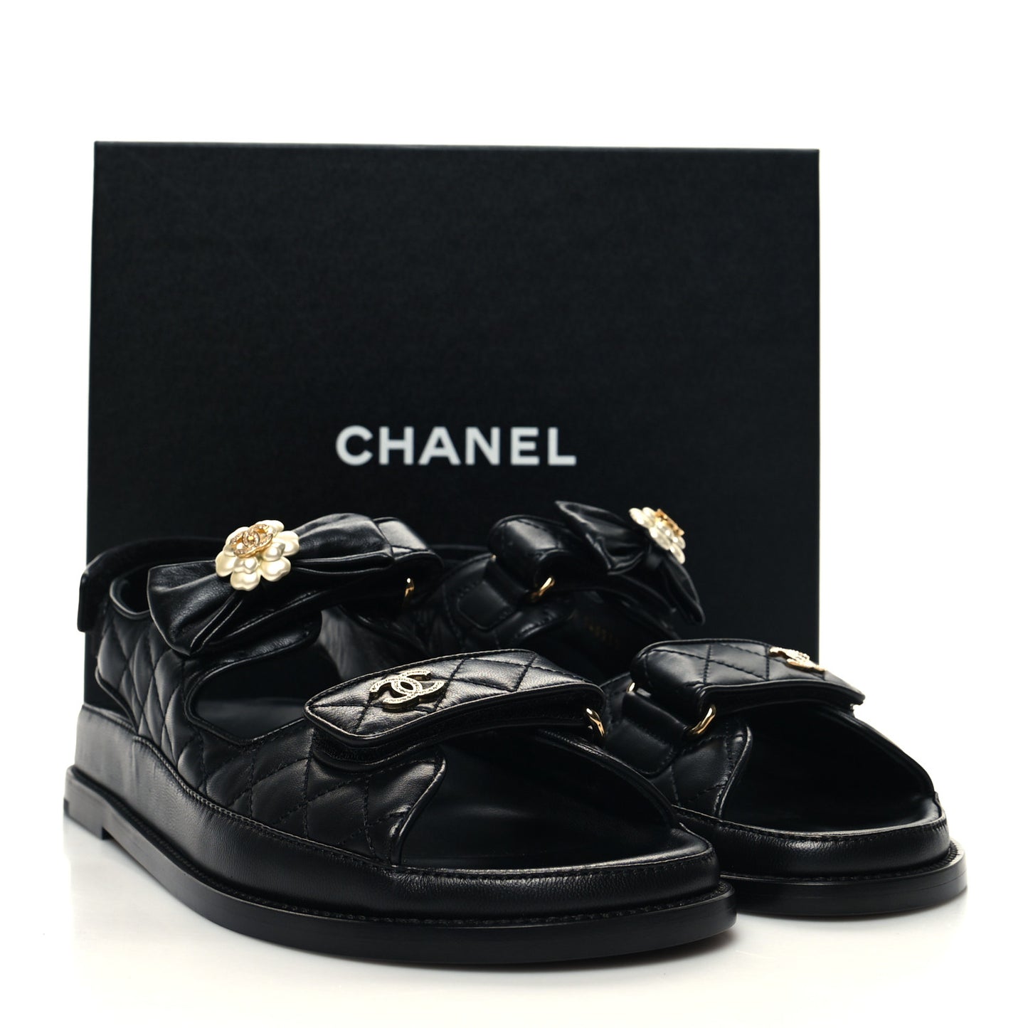 Lambskin Velcro CC Crystal Pearl Bow Dad Sandals 41.5 Black