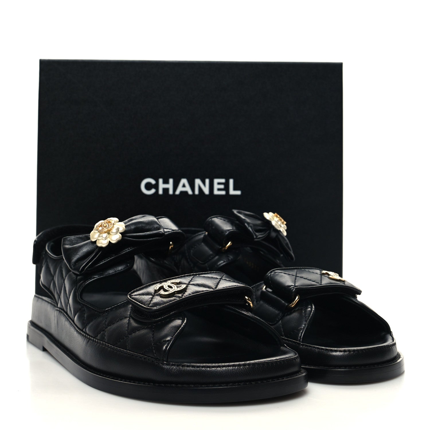 Chanel Lambskin Velcro CC Crystal Pearl Bow Dad Sandals 41.5 Black 9 of 9