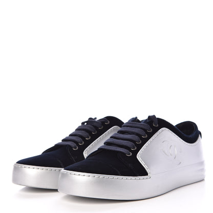 Chanel Calfskin Velvet Womens CC Sneakers 39 Navy 3 of 11