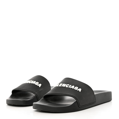 Balenciaga PVC Logo Mens Pool Slide Sandals 38 Black White 3 of 10