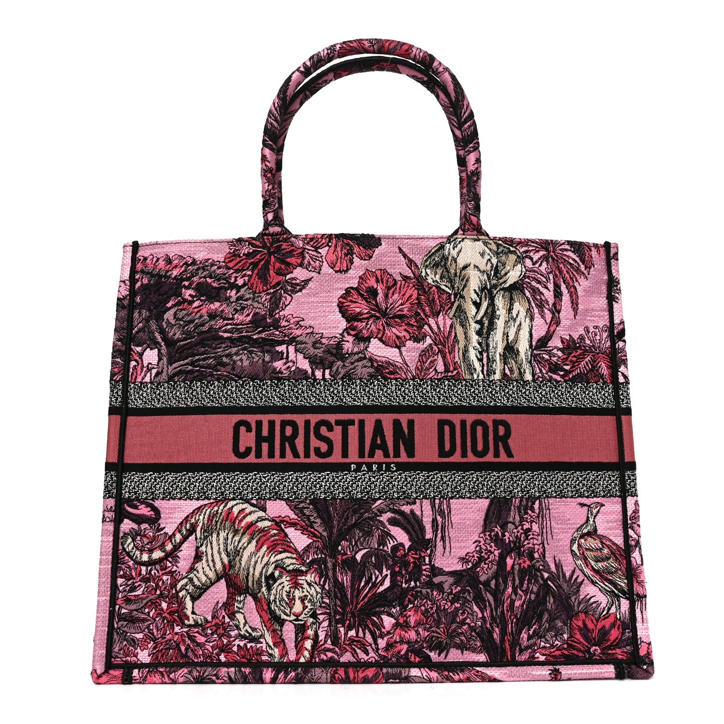 Canvas Embroidered Large Toile de Jouy Voyage Book Tote Fuchsia Multicolor