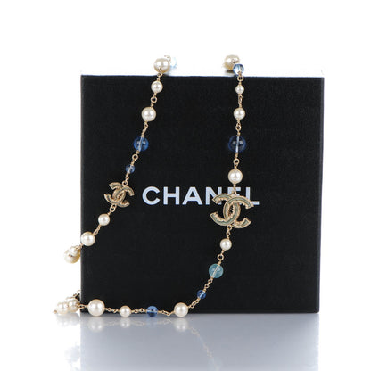 Chanel Pearl Bead Enamel CC Long Necklace Gold Blue 5 of 5