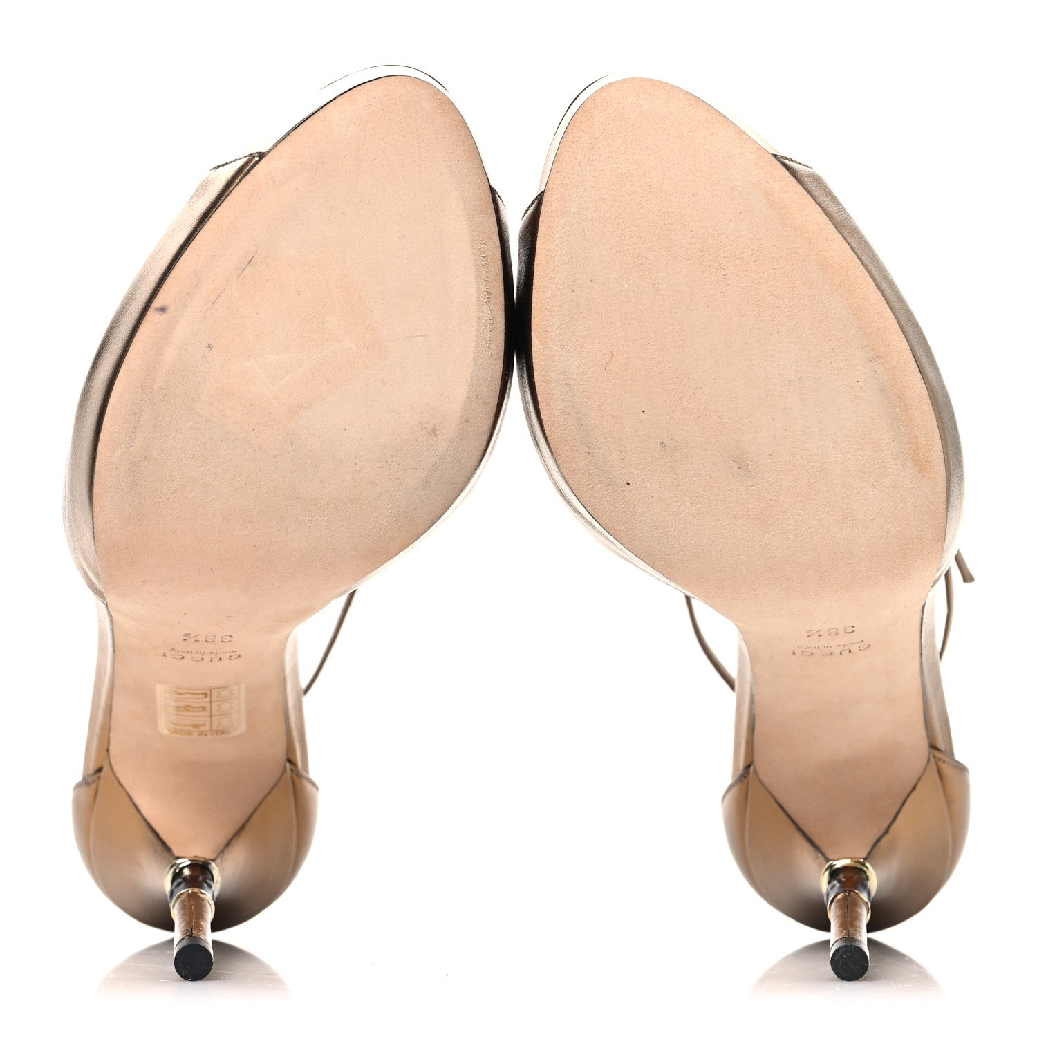 Gucci Metallic Calfskin Open Toe Ankle Strap Pumps 38.5 Oro Rutenio 6 of 11