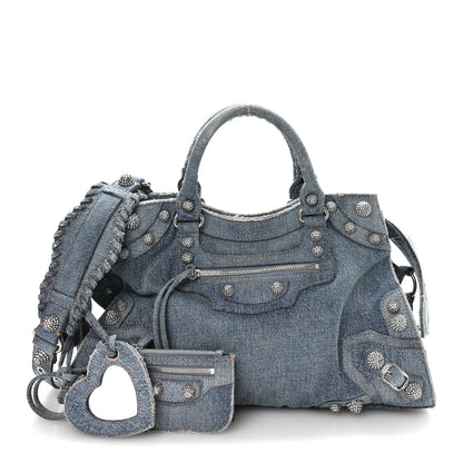 Balenciaga Washed Frayed Denim Crystal Neo Cagole City Handbag Blue 3 of 12