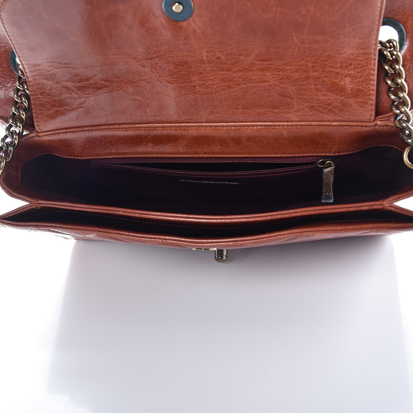 Glazed Calfskin Quilted Large Perfect Edge Flap Camel